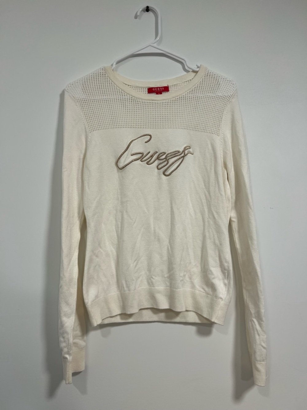 GUESS Cream Mesh Yoke Logo Sweater
